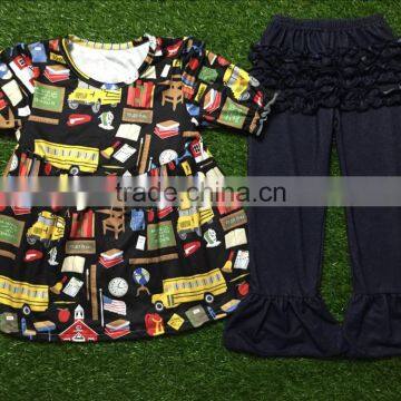 Boutique Kids Outfits Wholesale Baby Girls School Pattern Top Black Ruffle Pants Cotton Clothing Sets