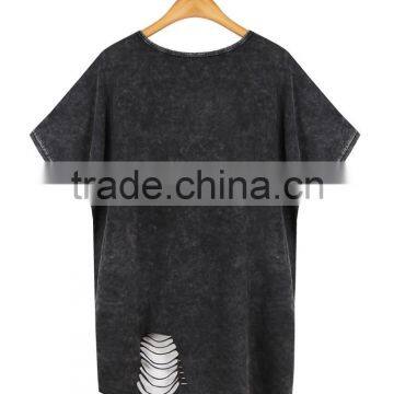 Women's Hollowed-out Short Sleeve Washed Vintage 100% Cotton t Shirt With Rivets photo-2