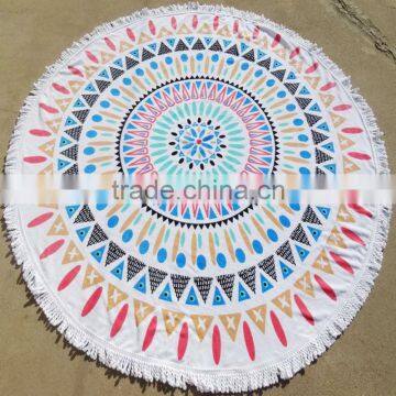 Large Turkish cotton promotional round printed beach towel with tassels