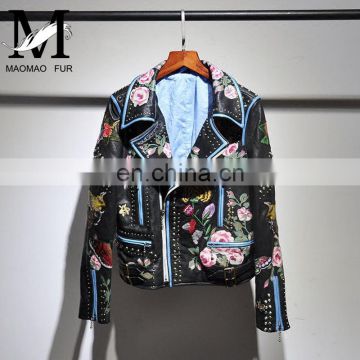 New Arrival Embroidery Leather Jacket for Women Real Motorcycle Leather Jacket