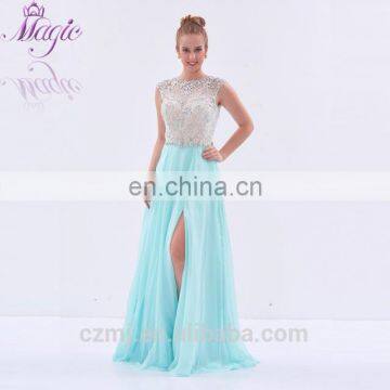 Stock Chiffon Sequin Beaded Cap Sleeve Sexy Side Split Blue Long Stock Prom Dress