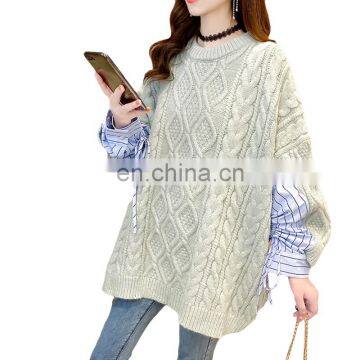 TWOTWINSTYLE Women Fall Sweaters Patchwork Long Sleeve O Neck Casual Knitted Pullover Vintage