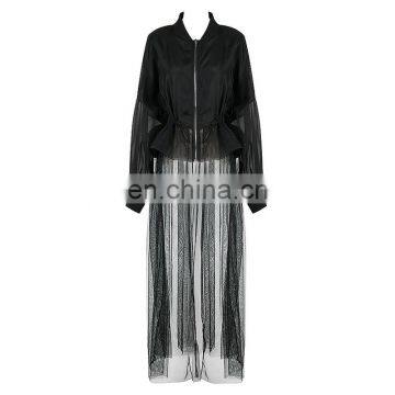 TWOTWINSTYLE Mesh patchwork windbreaker female Draw string high waist zipper ruffles long trench coat