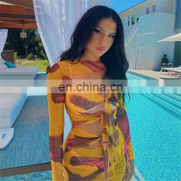 LAITE D2194 New Arrivals Fashion Hollowing Out See-through Sexy Dresses Women Long Sleeve Printed Casual Dresses photo-2