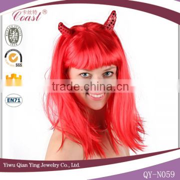 long straight synthetic red color ox horn halloween party wig