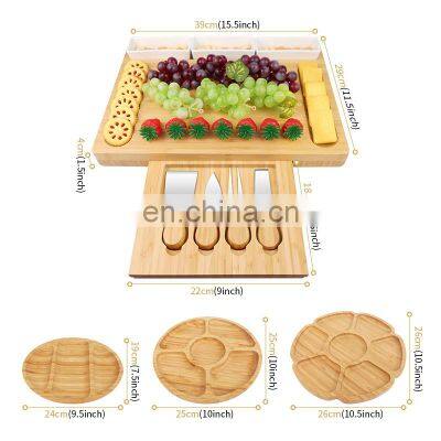 Natural Original Large Square, Charcuterie Wooden Bamboo Cheese Board With Grooved Cutlery 4 Stainless Steel Cheese Knives photo-2