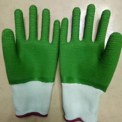 white polyester thread 13 gauge knitted green wave wrinkled latex hand full coated safety work gloves