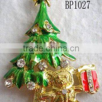 Green Christmas Tree Brooch Pin with Snow man