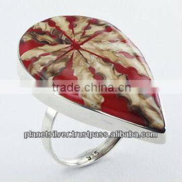 Coral Red Earth Tones Spider Shell Ring Drop Shaped Silver