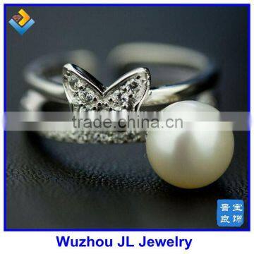 Cubic Zirconia Stone Butterfly And Natural Pearl Gemstone Fashion Silver Ring