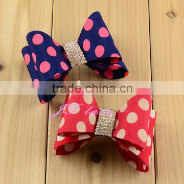 Navy/Hot pink dot and red/yellow dot hair bow rhinestone centre decorate