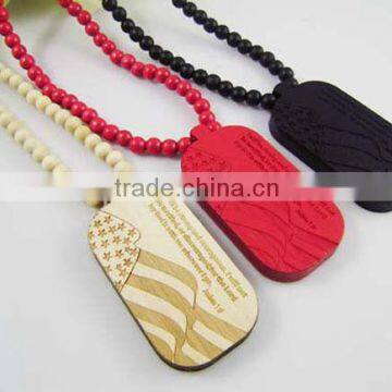 Hip-Hop Good Quality US Army Dog Tag Pendant Wooden Beaded Rosary Necklaces