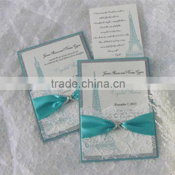 blue and sliver glitter pocket fold paper wedding invitation card