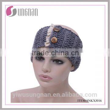 Yiwu wholesale knitted elastic band wide crochet headbands decorative buttons