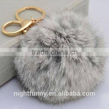 No Dye Grey Cute Genuine Rabbit fur ball pom pom keychain for car key ring Bag Pendant