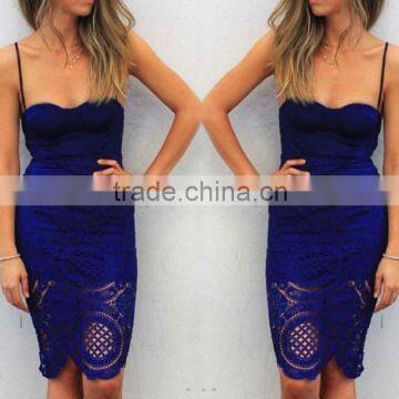 Women summer spaghetti strap fancy blue lace knee length lace dress