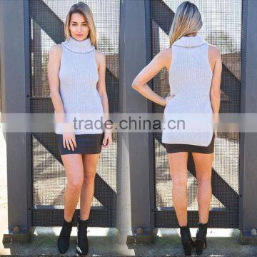 Autumn wear simple design sweater dress knitted woman high neck sleeveless casual design dress fashion
