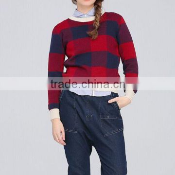 Latest design European short style pullover women plaid sweaters 2015