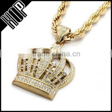 Mens Gold Tone Iced Out Queen Crown Hip Hop Necklace