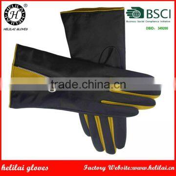 2016 Helilai Factory Ladies Winter Warm Ladies Black Leather Gloves with Zipper