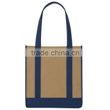 Non-Woven Two-Tone Shopper Tote Bag-Tan with Navy Accents and Handles