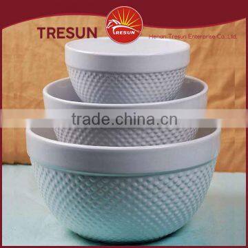 2015 Hot selling white mixing bowls high quality embossed mixing bowl set stoneware mixing bowl