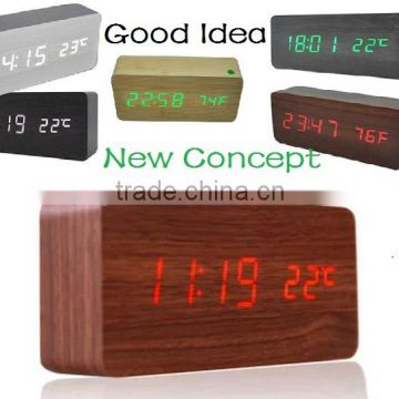 2016 Hot sale fashion Home decor led wood clock portable cube led alarm clock with thermometer/USB