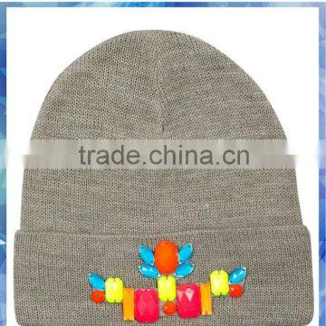 Gem embellished fashion hat/ girls knitted beanie hat/custom acrylic knitted cuff beanie