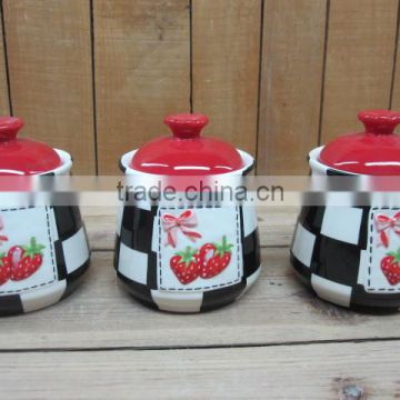 New strawberry emboss 3pcs ceramic canisters set with red lid