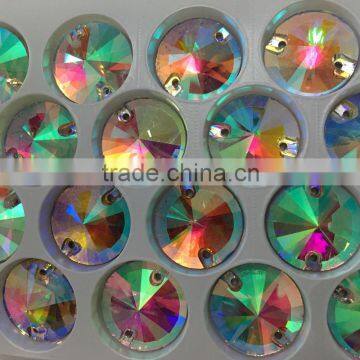 factory hotselling nice box packing glass quality 16mm revoli shape sew on rhinestone for fashion wedding dress