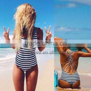 Hot halter stripe unisex one piece swimwear