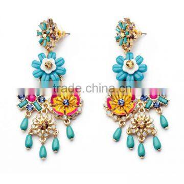 Fashion Earring-- Blue Colorful Flower Drop Earring With Crystal