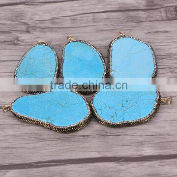 Large size Blue Turquoise Pendant Pave Crystal and Metal Foil Gemstone Pendant Beads For Necklace Making Jewelry