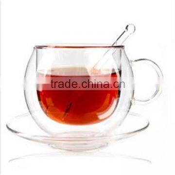 FDA certificated borosilicate heat-resistant glass coffee cup with spoon and saucers.double wall glass coffee tea cup set