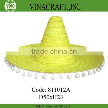 Bamboo sombrero mexican straw wide brim hat with pompom lace