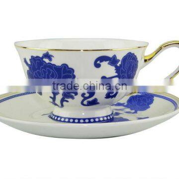 200ml Bone China European Style Blue Flower Pattern tea cup with plate Set for promotion gift