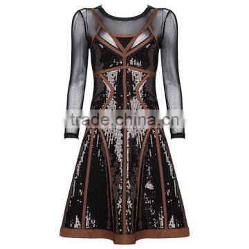 2015 High quality Round neck Long sleeve Knee length Celebrated dress with Mesh