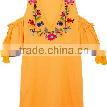 Boho Cold-shoulder Flora Embroidered Crinkled Cotton Mini Dress Mexican Western Dresses Names HSd5199 photo-5