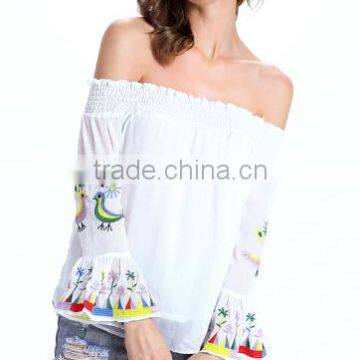 2016 New Fashion Slash Neck Shirts Women Long Sleeve Chiffon Blouses Strapless Embroidered Print Blusa Feminina photo-3