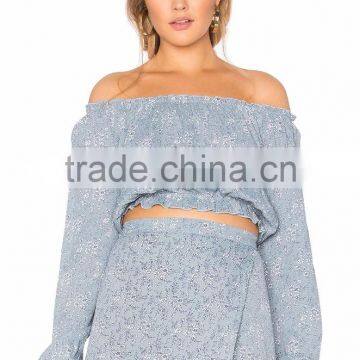 Printing Design Long Sleeve off Shoulder Crop Tops Chiffon Skirts and Blouses photo-3
