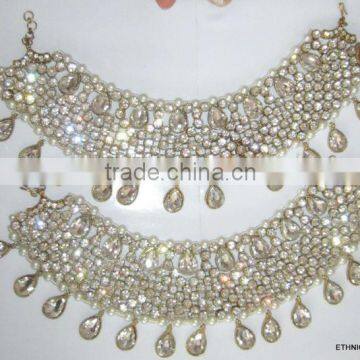 CRYSTAL GOLD TONE BRIDAL HEAVY ANKLET PAIR