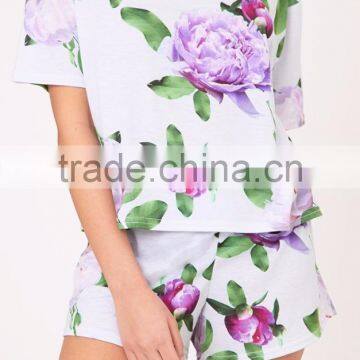 Custom Print Women Floral Print Grey Full Printing Flowers Ladies Pyjama Set Digital Printed Pajama Set photo-6