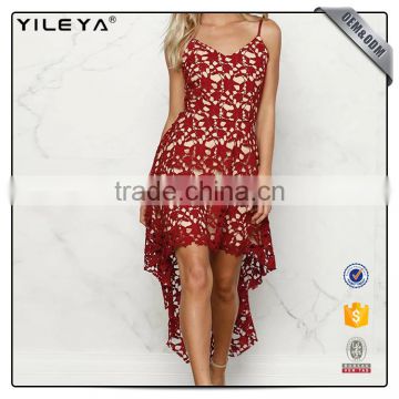 China dress manufacturer women dress fashion short front long back casual red hollow out lace dress