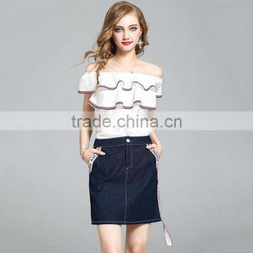 2017 Fashion Summer for Women Fashion Elegant One Shoulder Blouse With Denim Skirt Two Pieces photo-4