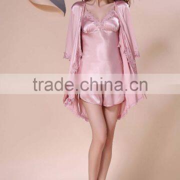 Ms Summer Sexy Female Emulation Silk Pajamas, Silk Nightgown Embroidered Condole Shorts Long-sleeved Gown Three Suits photo-4