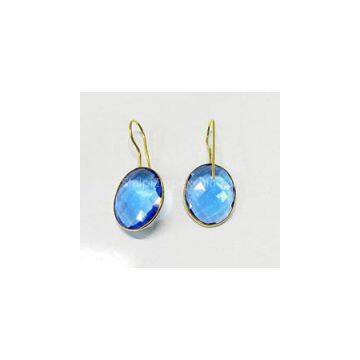 Swiss Blue Topaz Hydro Bezel Setting 17*20mm Oval Silver Gold Plated Earring photo-2