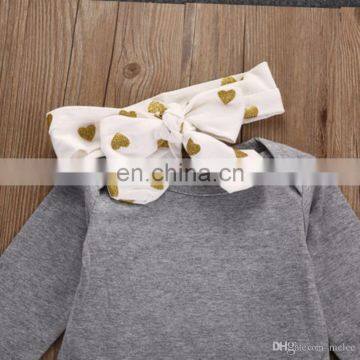 Valentine's Day Outfits Newborn Baby Boy Solid Gray Romper & White Heart Print Pants & Headband Outfits Set photo-3