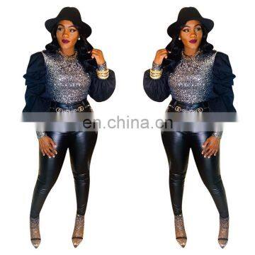 Fall Fashion Puff Sleeve Ladies' Blouses Women Casual Sequins Decoration Sexy Shirts photo-2
