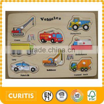 2014 Hot Sale  New Products ASTM/EN71 Authenticate Cheap Child Wooden Knob Educational Toy Puzzle Utility Track Vehicles