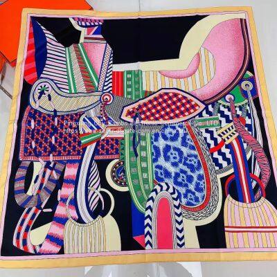 Fashion horse squre scarf Double sided design painting Silk feels soft  scarves Literature and art style high quality 90*90CM